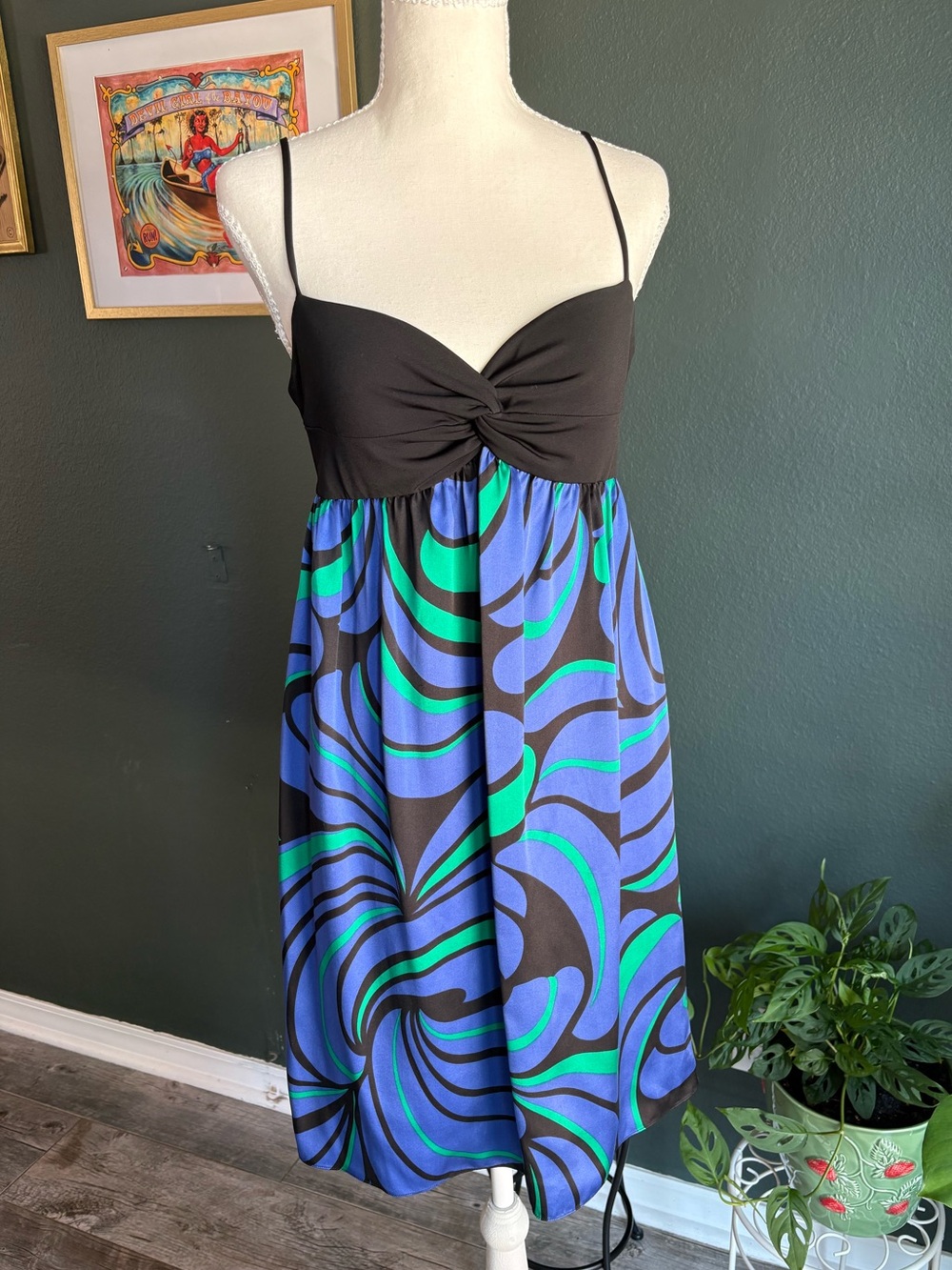 Maggy London Y2K Silk Swirl Party Dress Blue Green Black 10P Petite